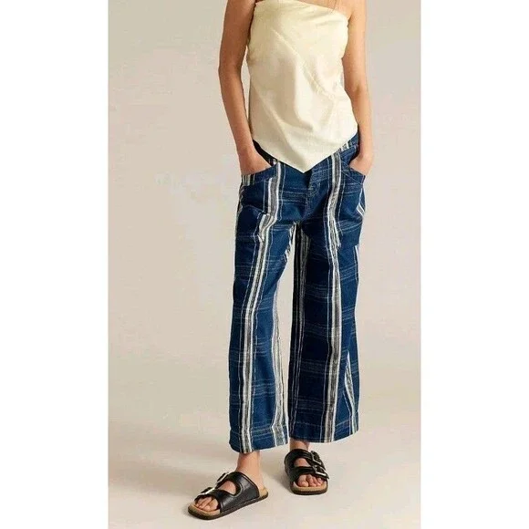 Free People Brecan Plaid Blue Pants High Rise Boho Goblincore Women’s SZ 30 - Picture 1 of 13
